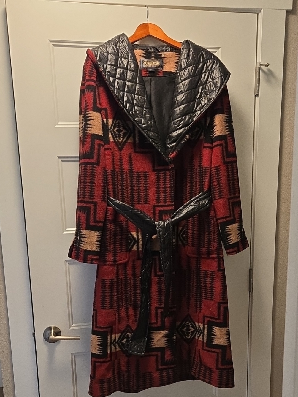 Pendleton Red and Black Patterned Wool Blanket Trench with Quilted Collar